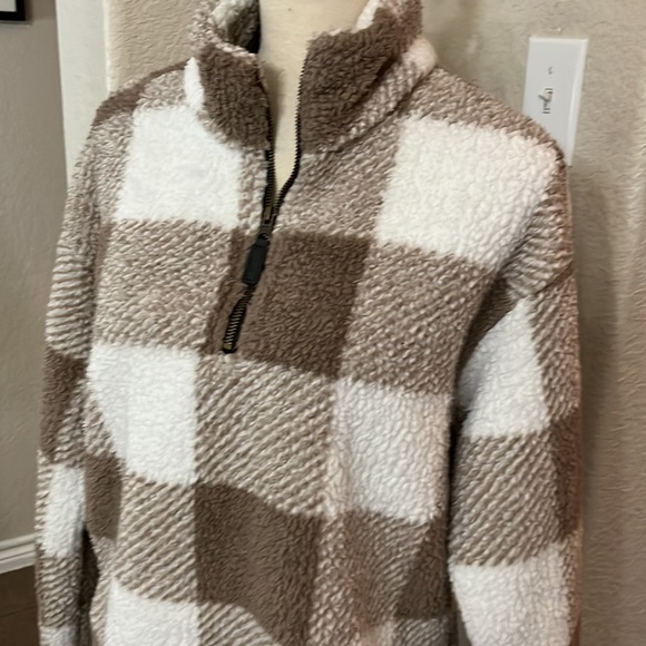 Teddy pullover tan plaid squares half zip jacket - Picture 7 of 17